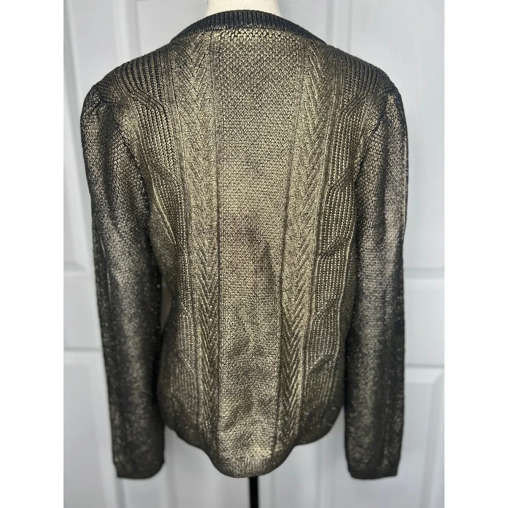 Boston Proper Cardigan Metallic Gold L Black Hook Eye Cable Knit Shimmer Sweater